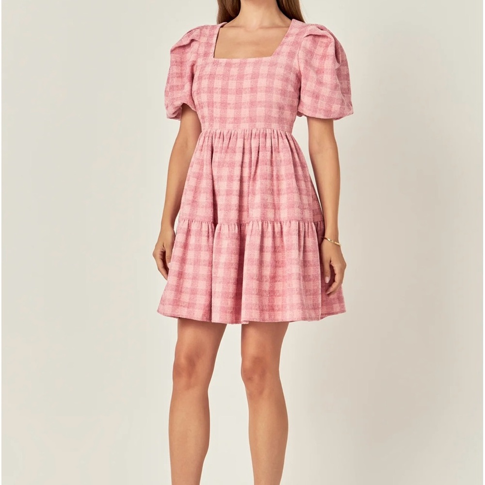 English Factory Puff Sleeve Checkered Print Babydoll Dress